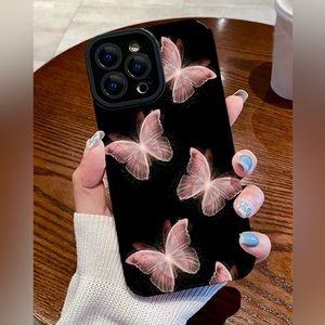 NWT iPhone13ProMax Wing Fluttering Pink Butterfly Black Rubber Phone Case